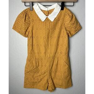 Janie & Jack Girls Romper Size 7 Eyelet Cotton Collared Mustard Yellow